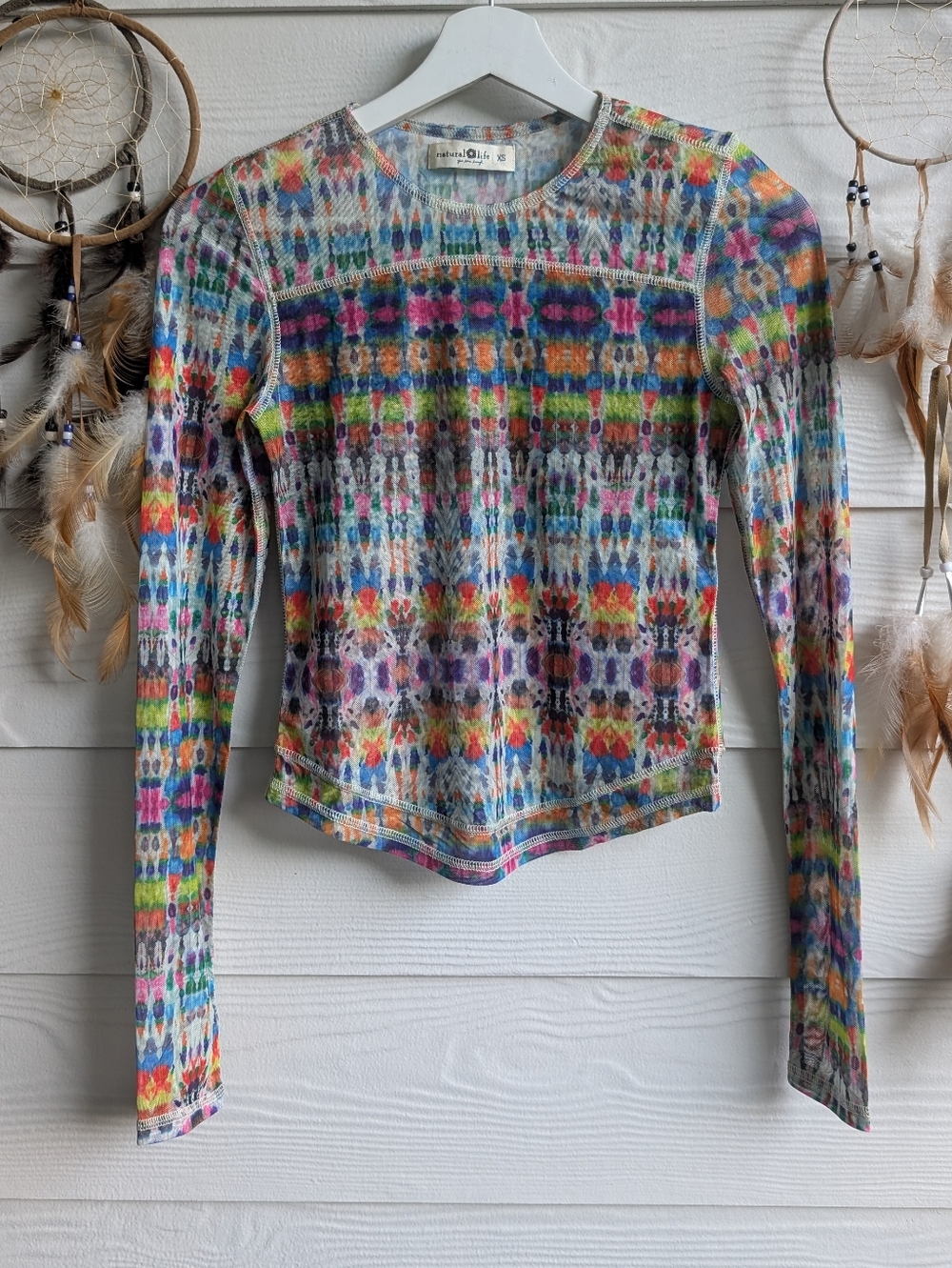 Women's Natural Life Sloane Mesh Long Sleeve Top - Fuchsia Marigold Tie Dye Sz X